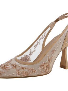 Women's Brown Lace Mesh Slingback Heels Bridal Shoes Pointed Toe Pumps